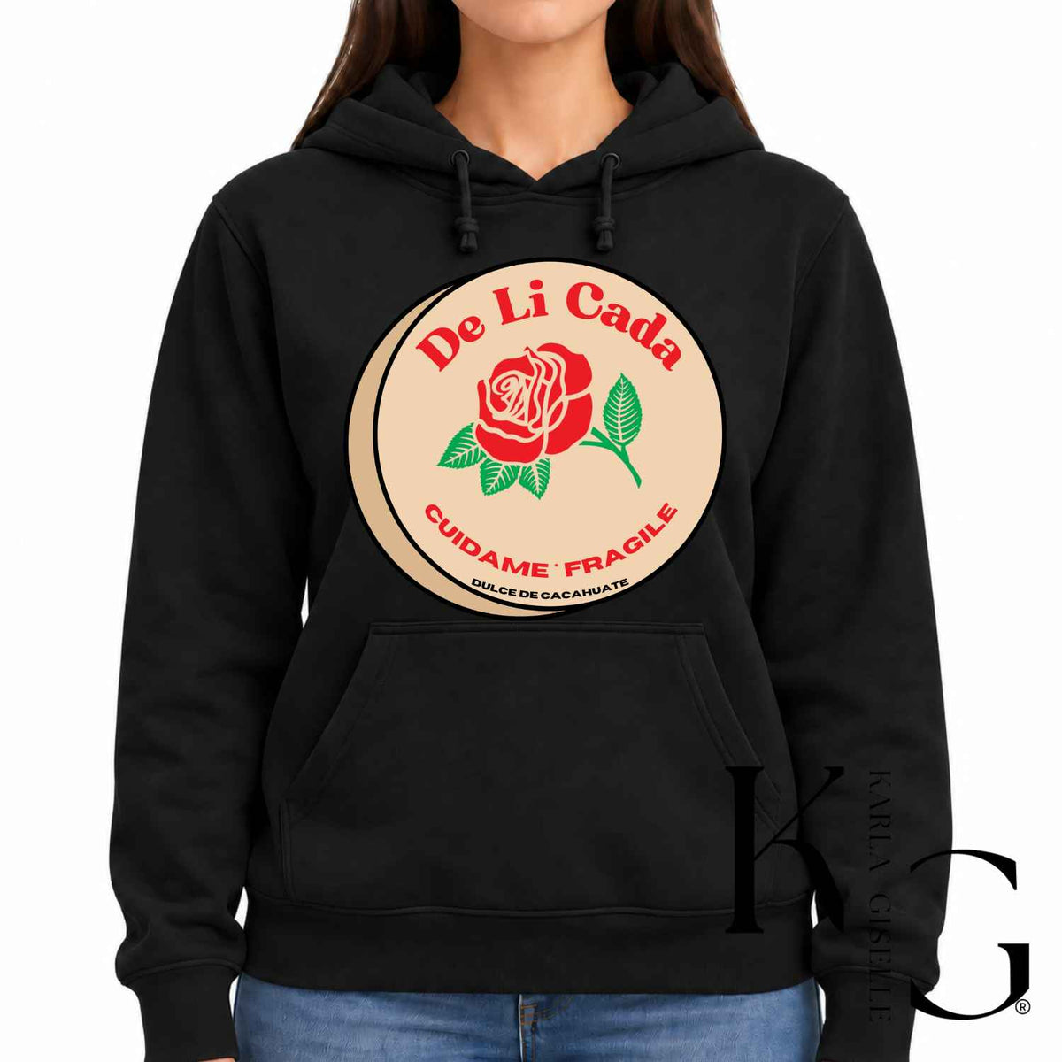 Black hoodie with the Delicada Dulce de Cacahuate graphic