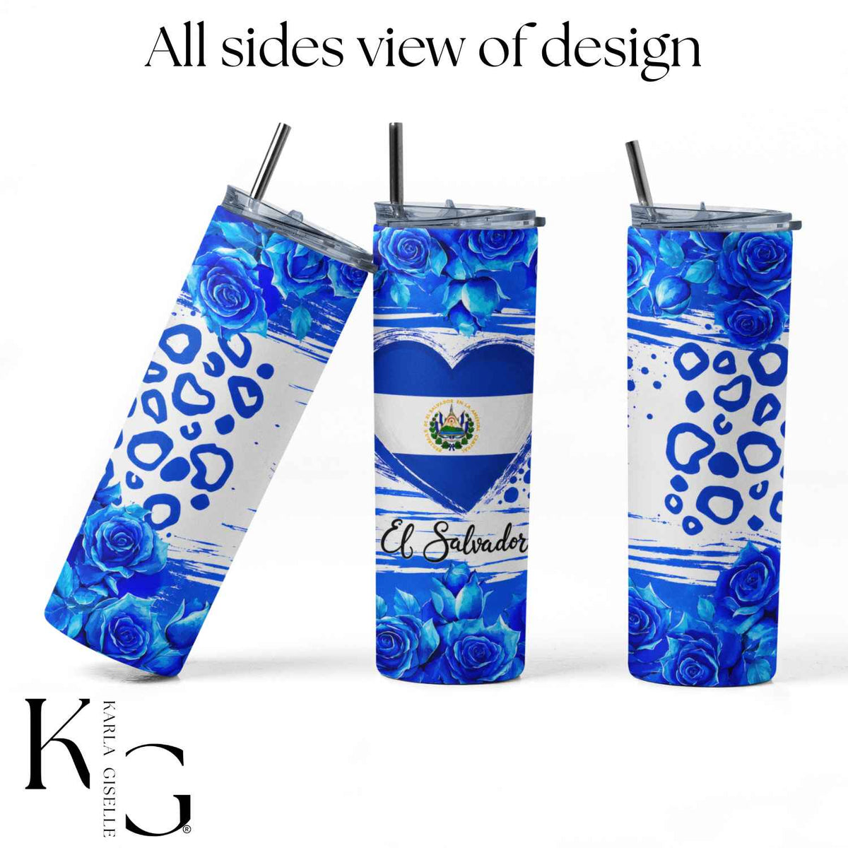 El Salvador Blue Roses and Flag Heart 20 oz Tumbler