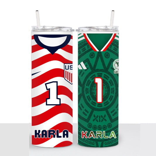 Personalized USA & Mexico Double-Sided Soccer Jersey 20oz Skinny Tumbler  Mexican/American Fan Gift