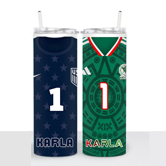 Personalized Double-Sided USA & Mexico Soccer Jersey 20oz Skinny Tumbler Mexican/American Fan Travel Cup
