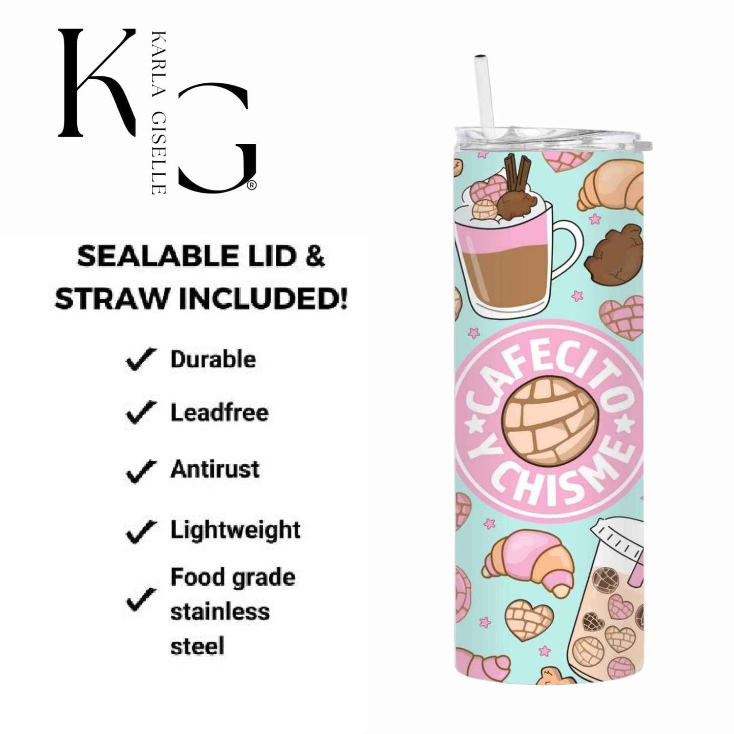 Teal and Pink Cafecito y Chisme 20 oz Tumbler