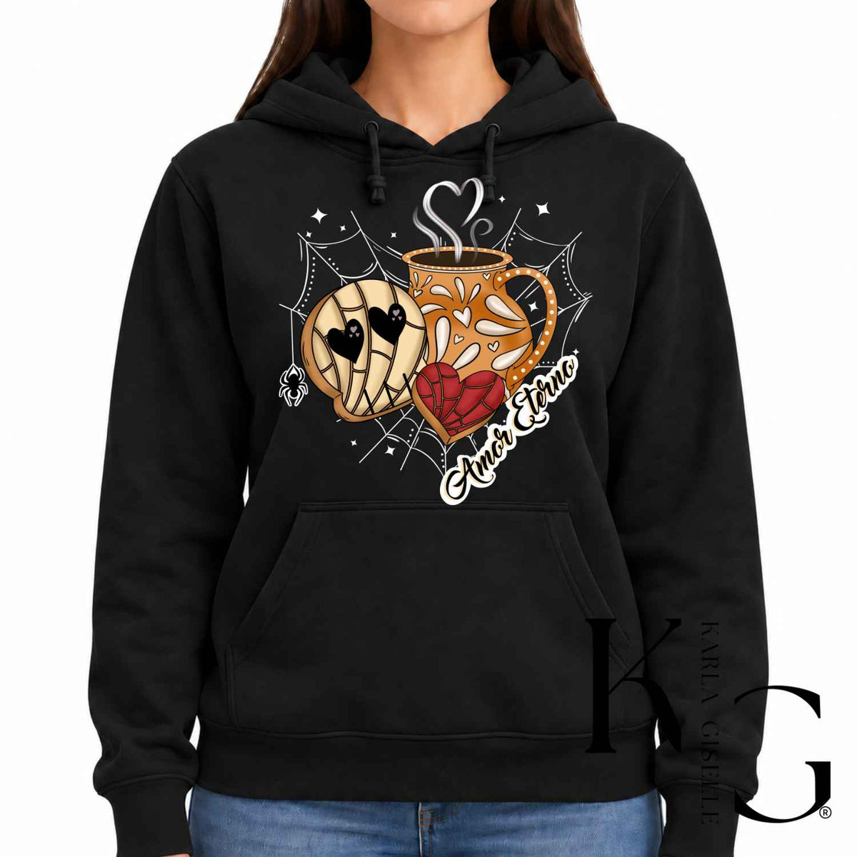 Amor Eterno Calavera Concha Cafecito design on a Black hoodie