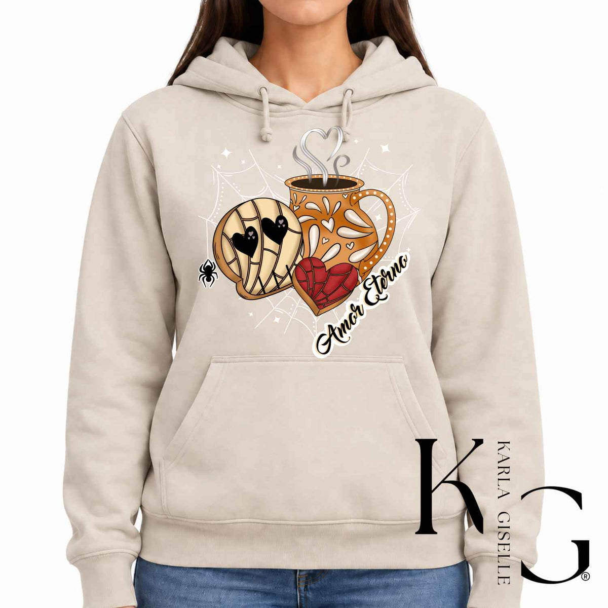 Amor Eterno Calavera Concha Cafecito design on a Cream hoodie