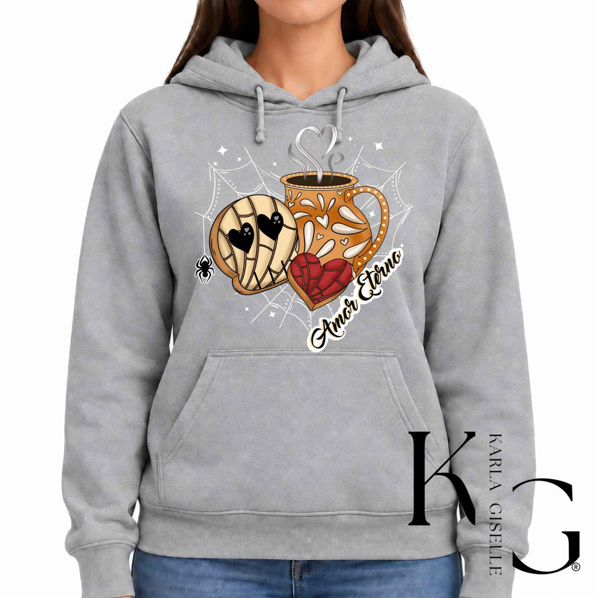 Amor Eterno Calavera Concha Cafecito design on a Gray hoodie