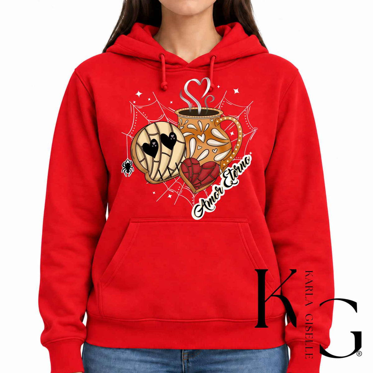 Amor Eterno Calavera Concha Cafecito design on a Red hoodie