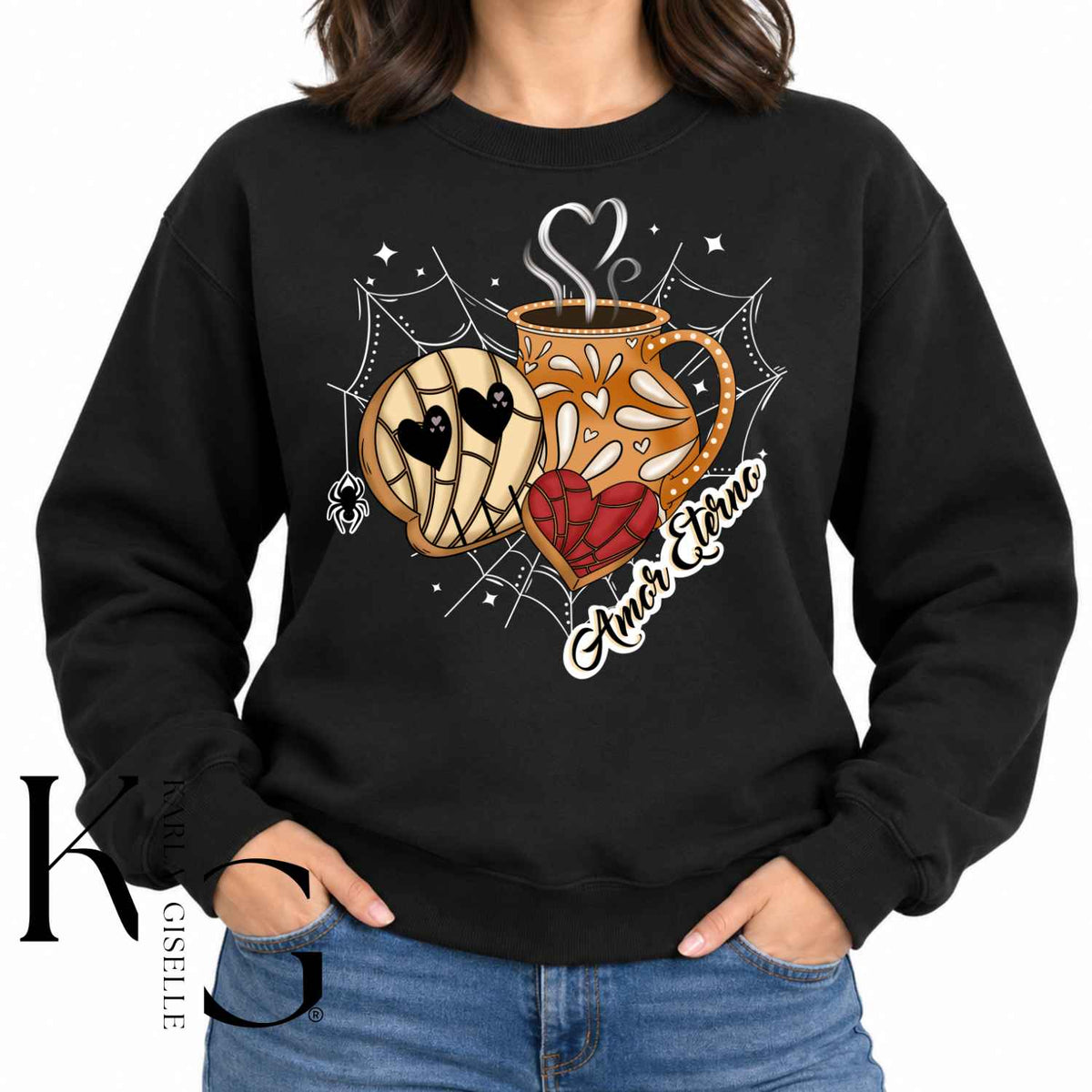 Amor Eterno Calavera Concha Cafecito design on a Black sweatshirt