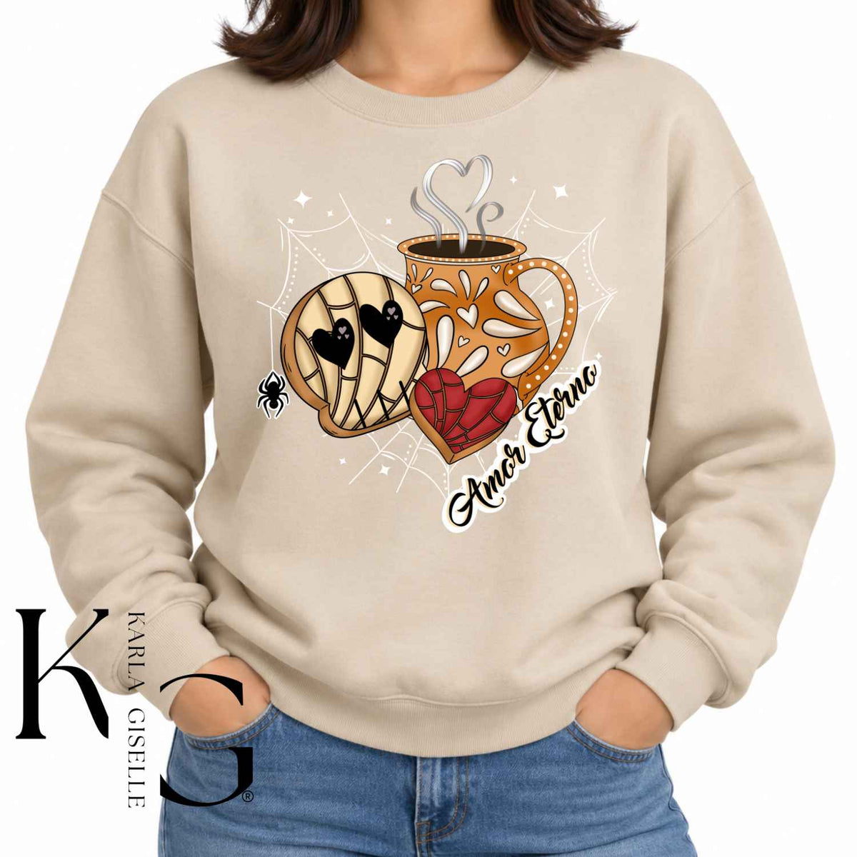 Amor Eterno Calavera Concha Cafecito design on a Cream sweatshirt