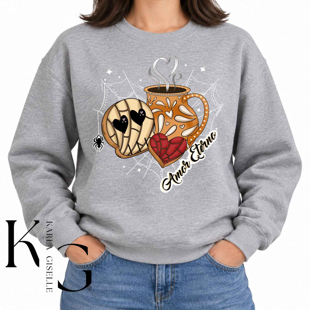 Amor Eterno Calavera Concha Cafecito design on a Gray sweatshirt