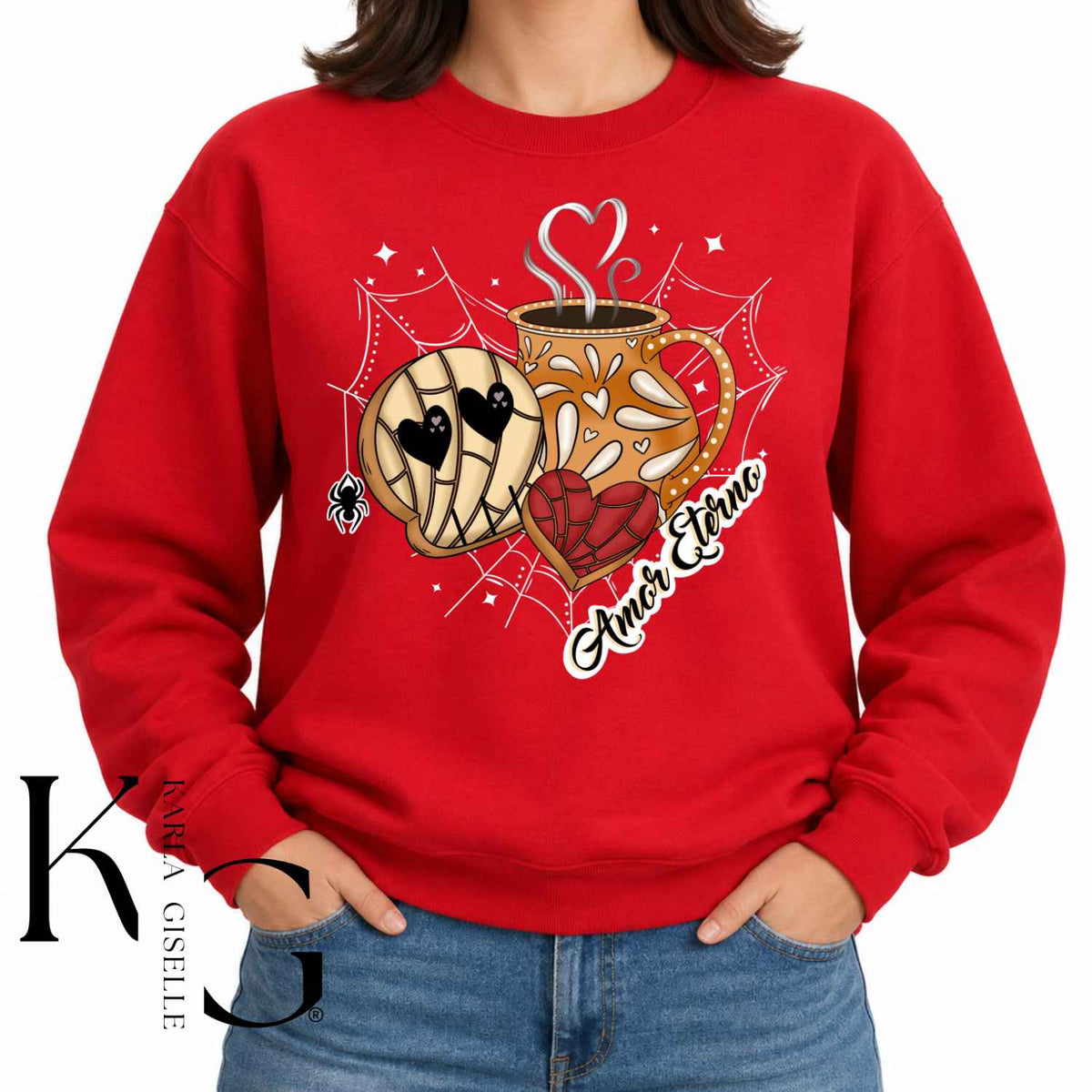 Amor Eterno Calavera Concha Cafecito design on a Red sweatshirt