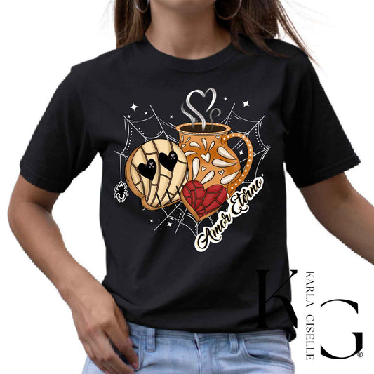 Amor Eterno Calavera Concha Cafecito design on a Black T-shirt
