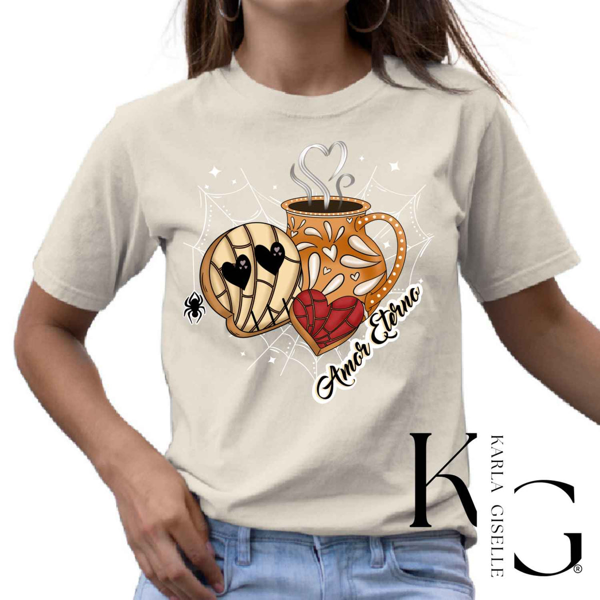 Amor Eterno Calavera Concha Cafecito design on a Cream T-shirt