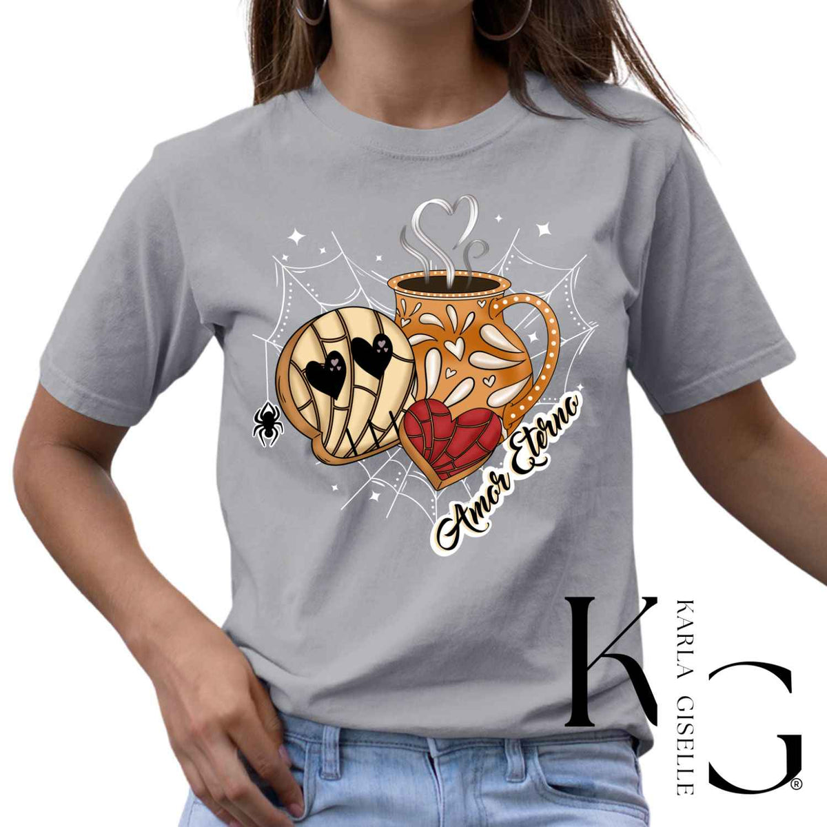 Amor Eterno Calavera Concha Cafecito design on a Gray T-shirt