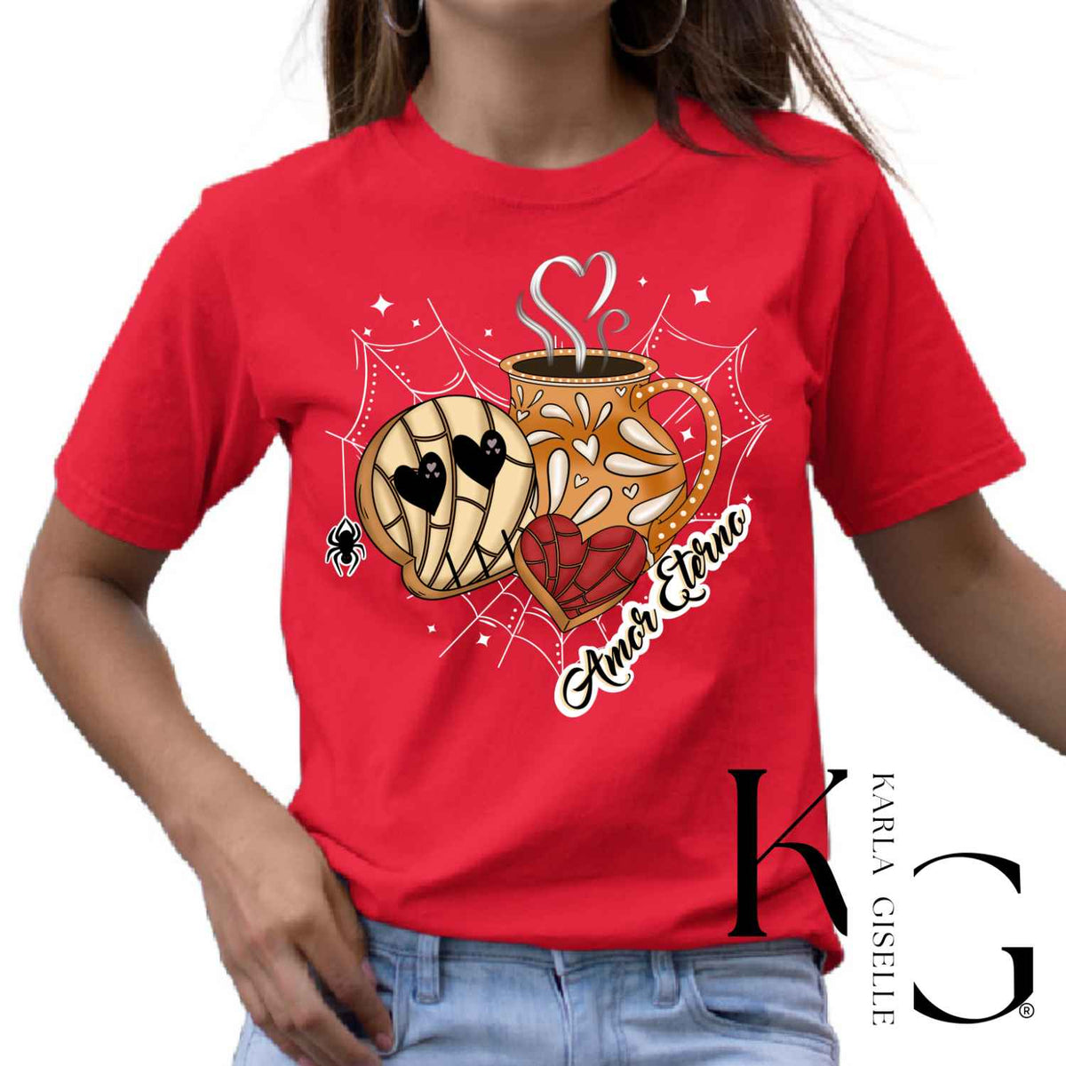 Amor Eterno Calavera Concha Cafecito design on a Red T-shirt