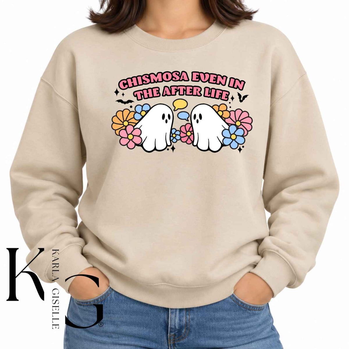 chismosa Halloween apparel mockup, Cream sweatshirt