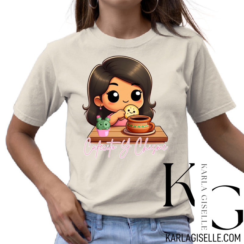 Cafecito y Chisme graphic on a beige T-shirt