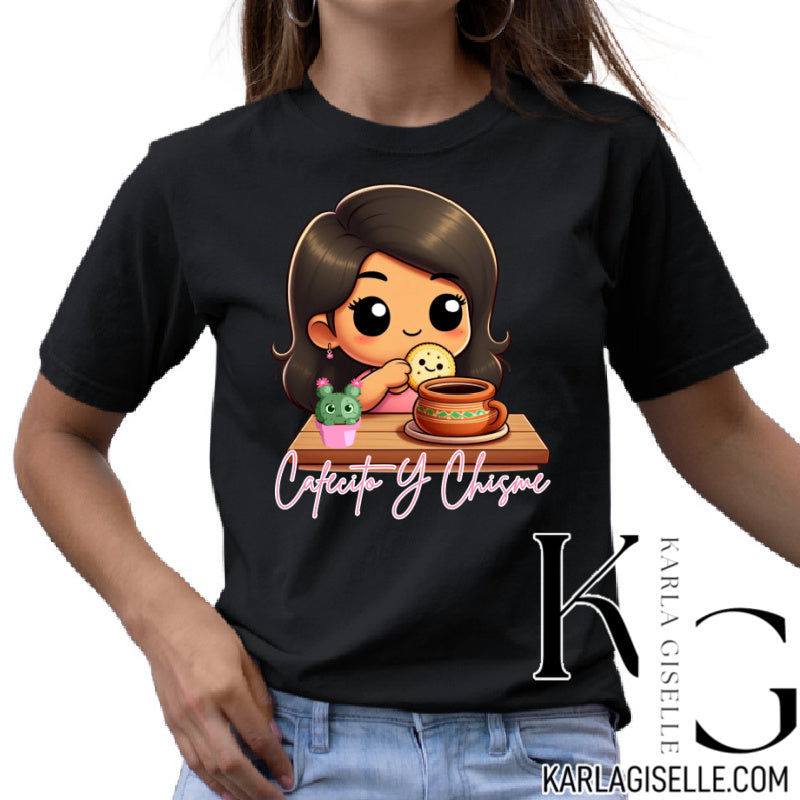 Cafecito y Chisme graphic on a black T-shirt