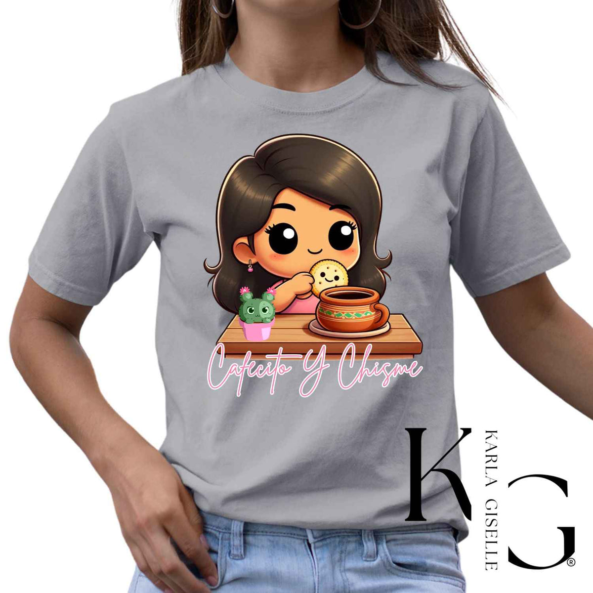 Cafecito y Chisme graphic on a gray T-shirt