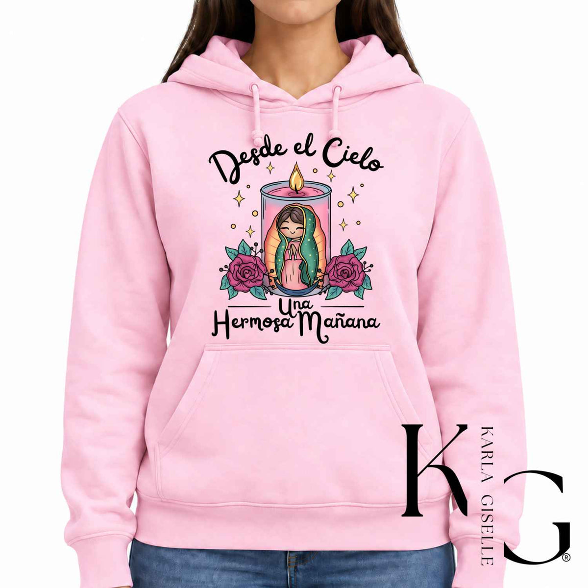 Desde El Cielo Virgencita pink hoodie