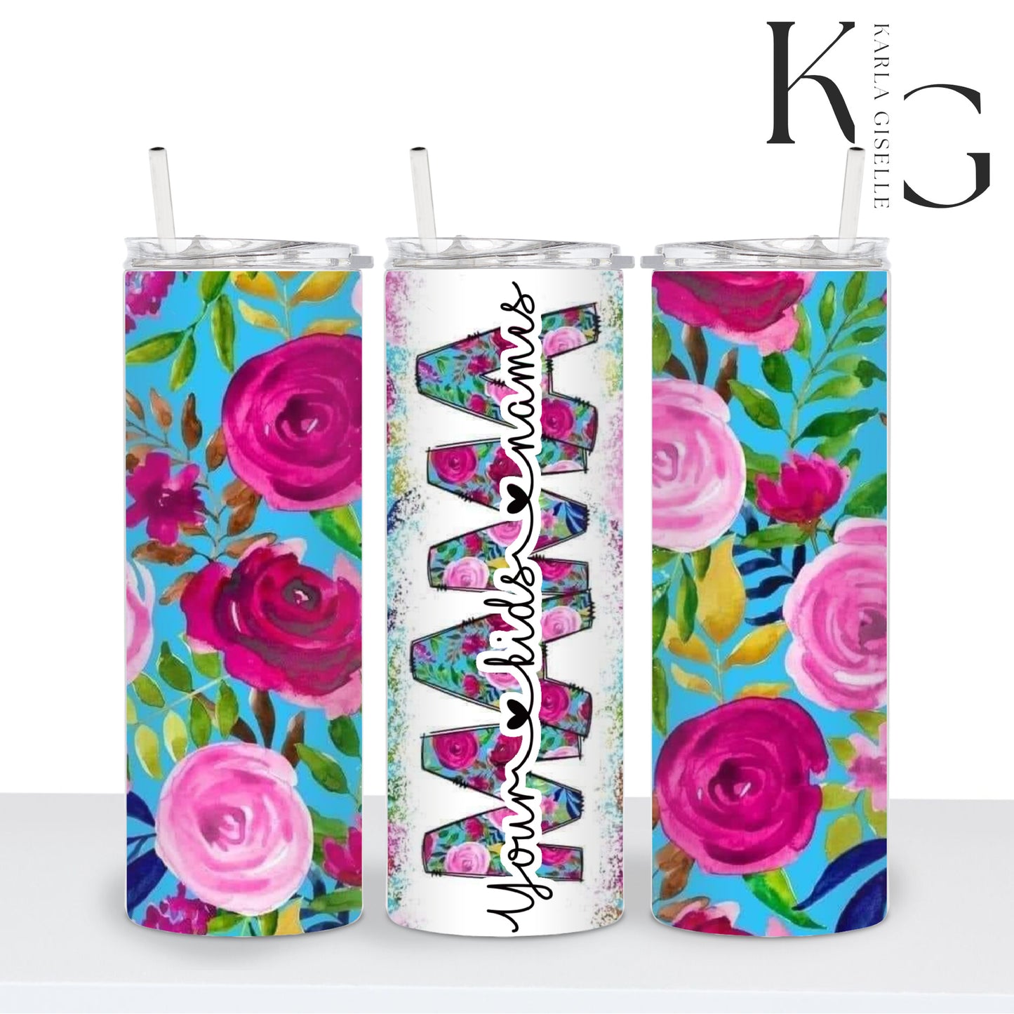 Personalized Pink Floral Mama 20oz Tumbler with Names