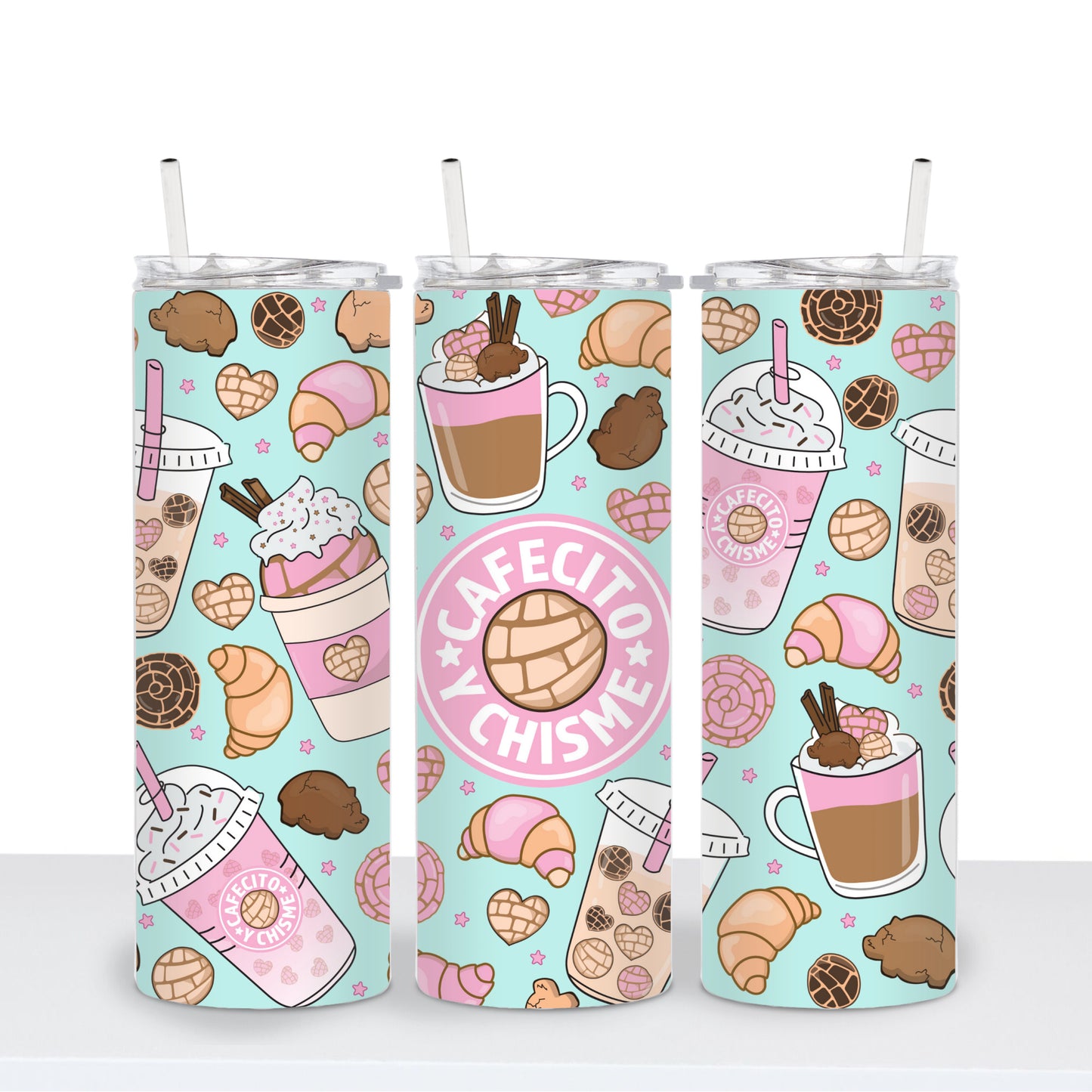 Teal and Pink Cafecito y Chisme 20oz Tumbler