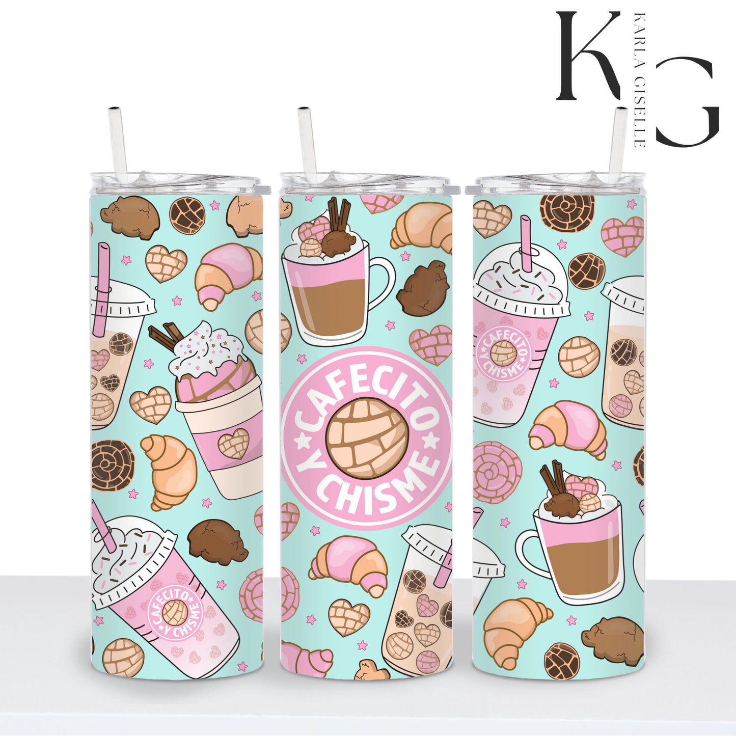 Teal and Pink Cafecito y Chisme 20 oz Tumbler