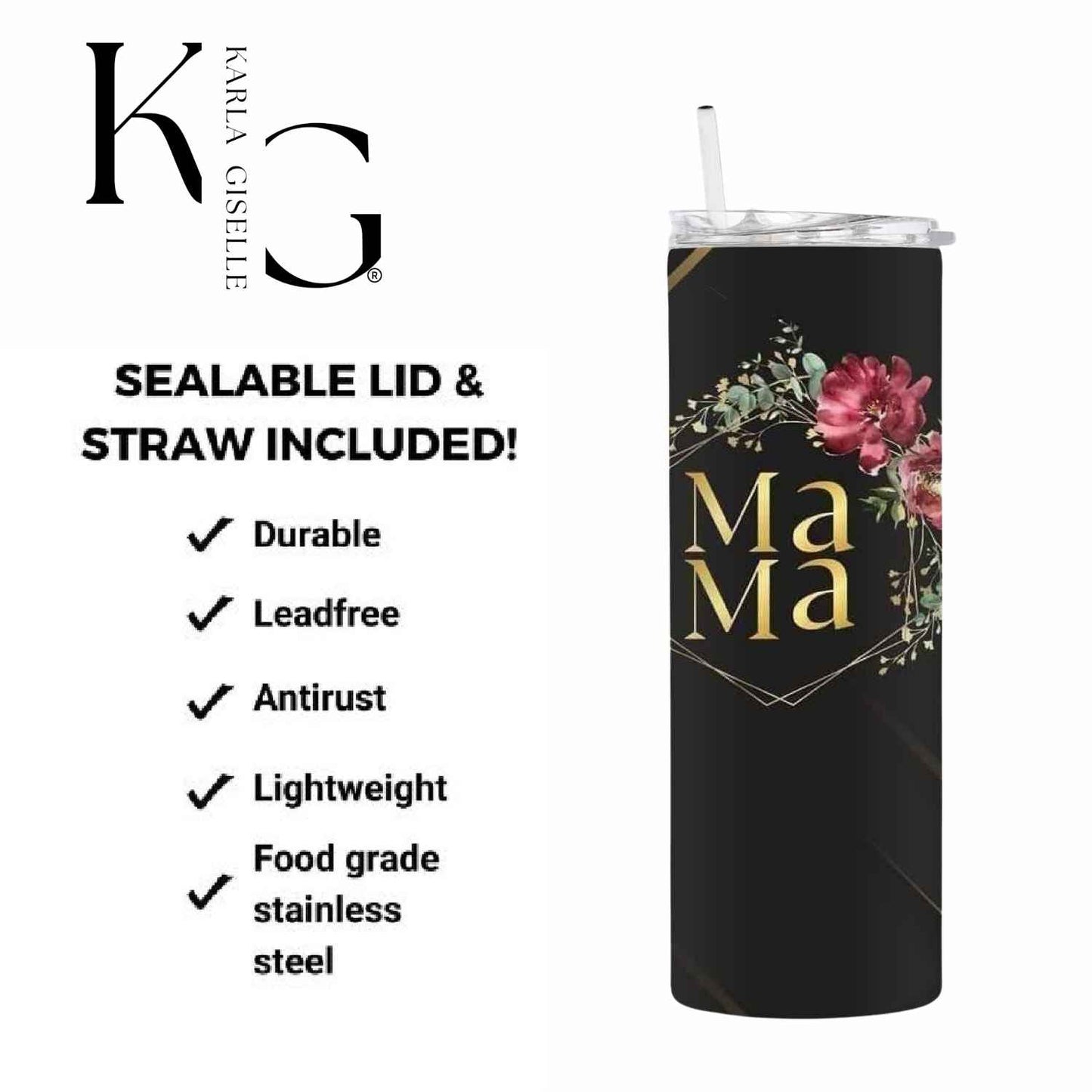 Elegant Mama, Black and Gold Floral 20 oz Tumbler