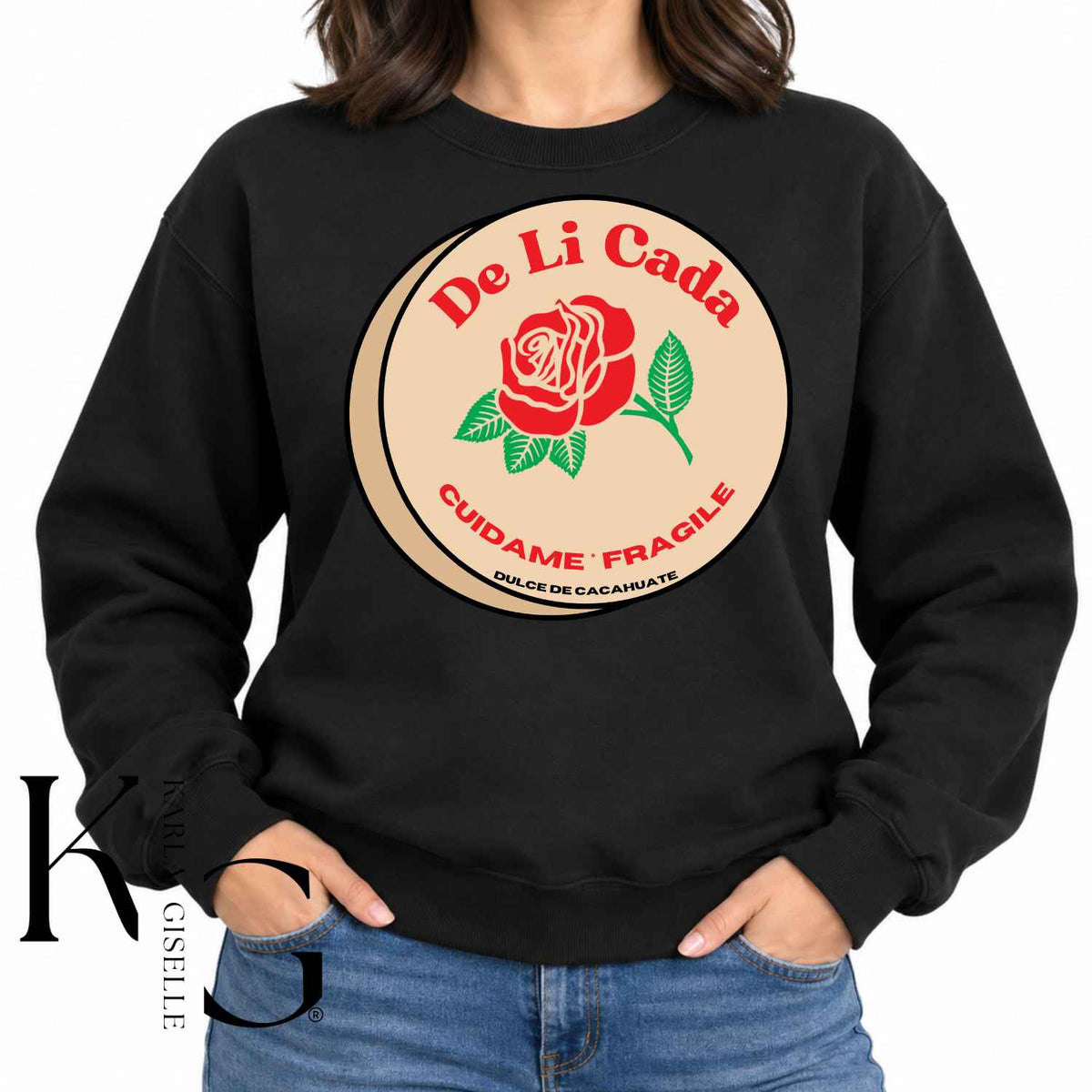 Black sweatshirt with the Delicada Dulce de Cacahuate graphic