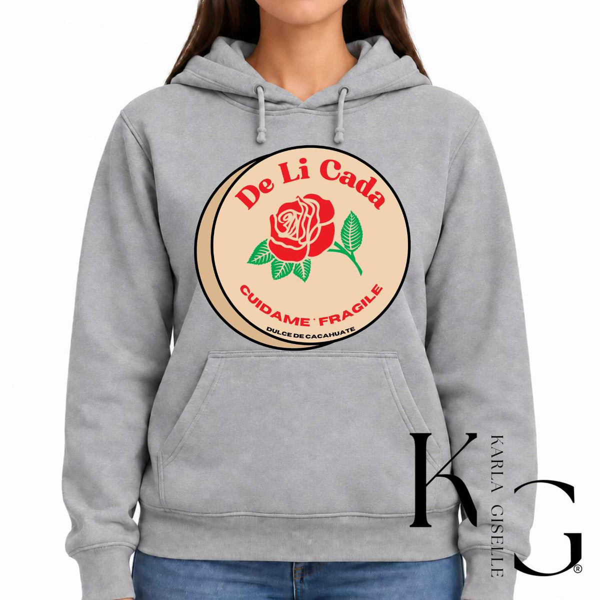 Gray hoodie with Delicada graphic