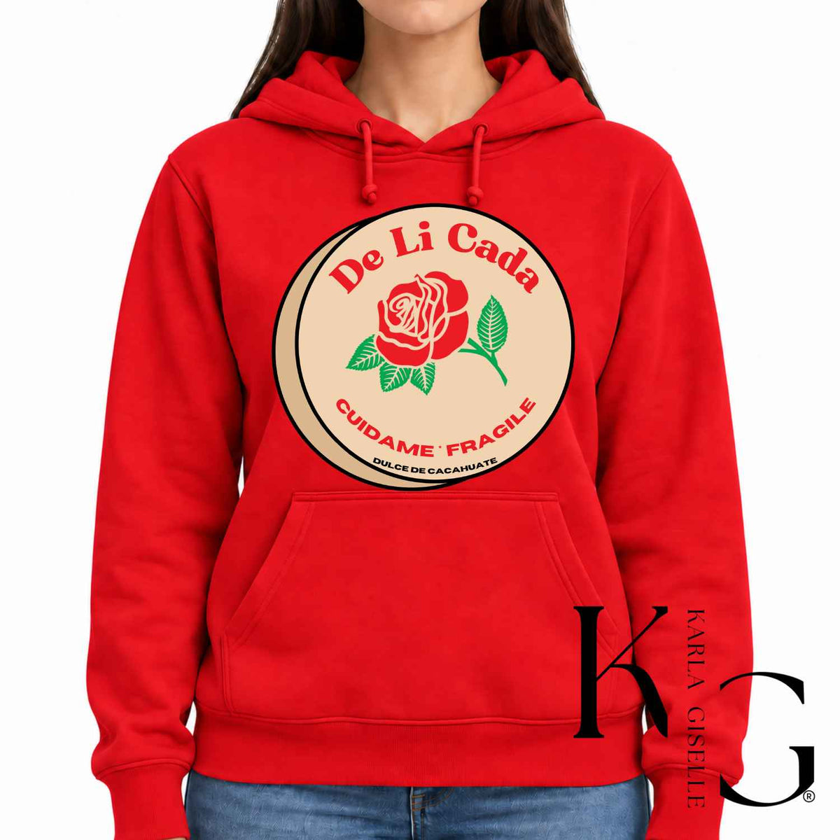 Red hoodie with the Delicada Dulce de Cacahuate graphic