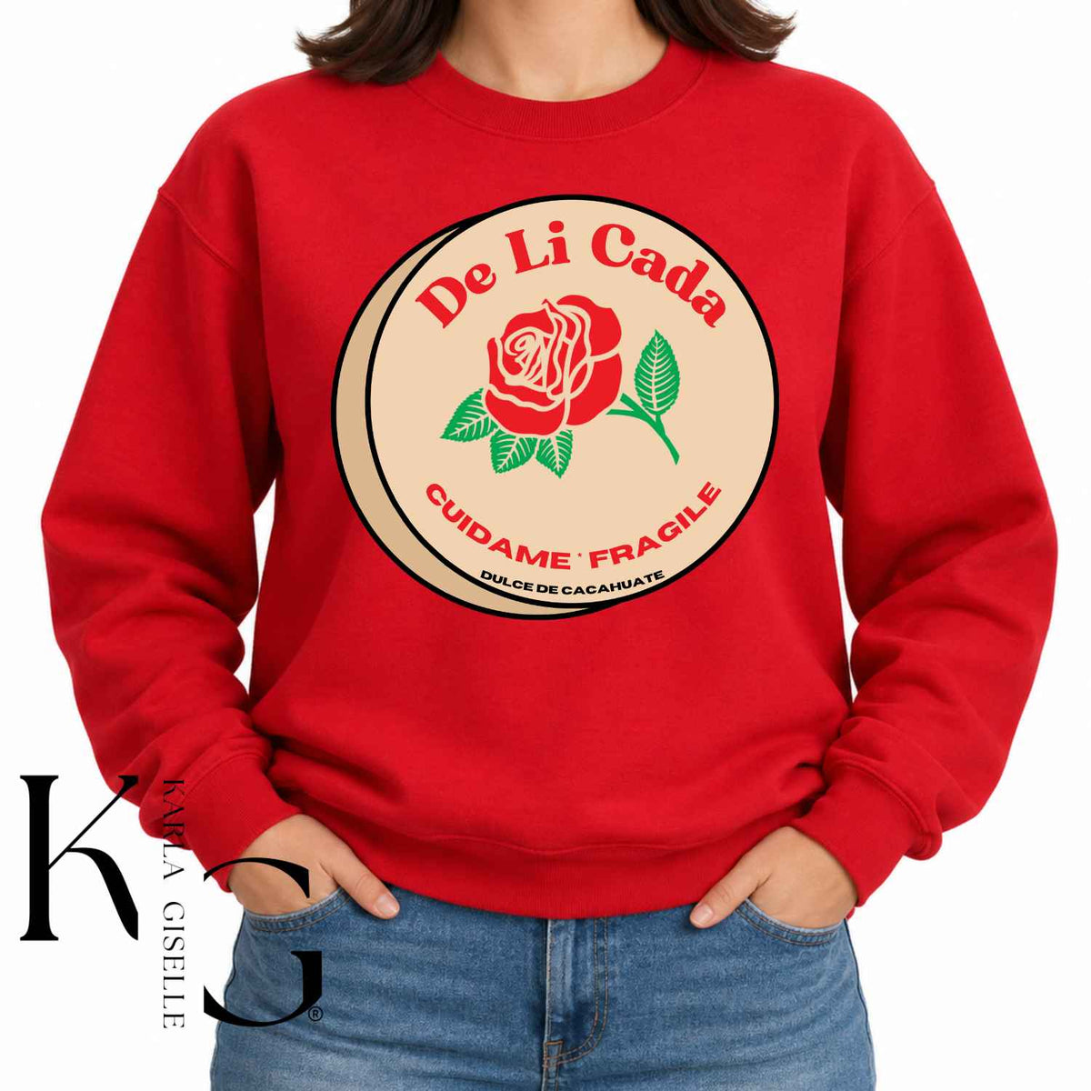 Red sweatshirt with the Delicada Dulce de Cacahuate graphic